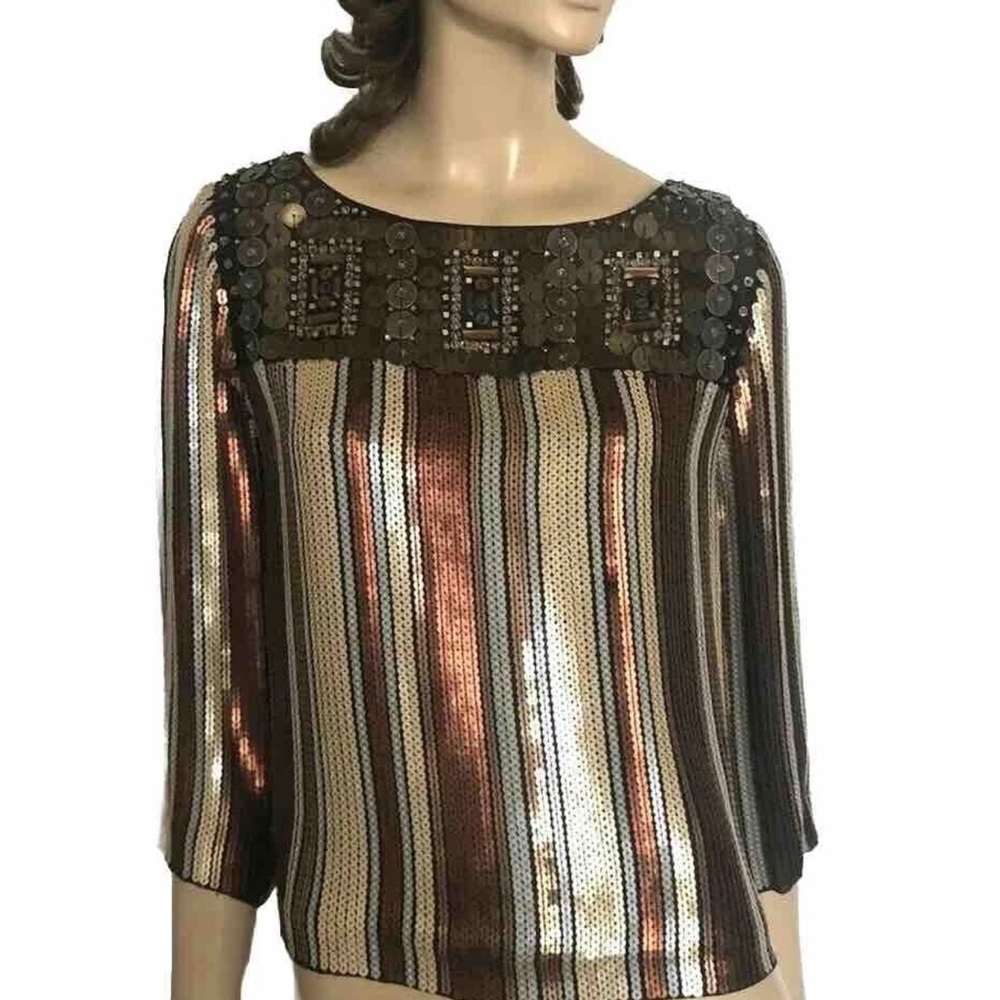 Badgley Mischka silk beaded-sequin 3/4 sleeves blouse size M